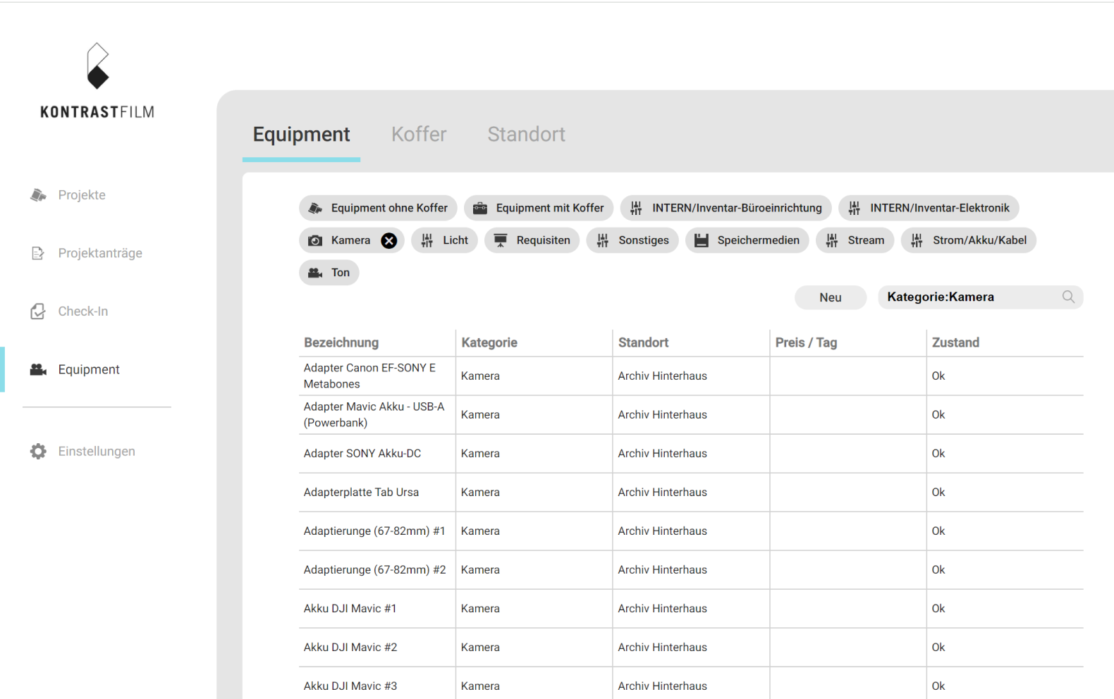 Einblick in die Projekt- und Equipmentverwaltung - Equipment
